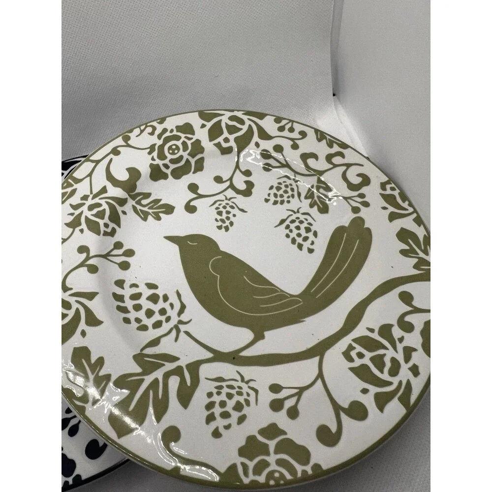 3 Pier 1 Imports blue & Green Bird Stoneware 8” Luncheon Salad Dessert Plates